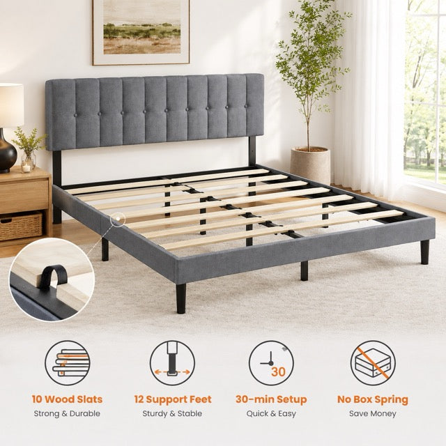 Fabric Upholstered Platform Bed Adjustable Headboard