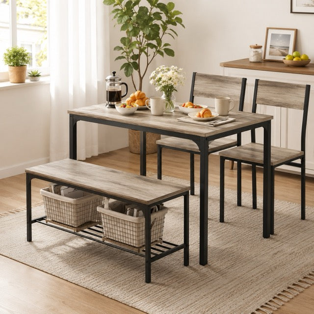 Dining Table Set for Small Spaces | 3 or 4-Piece with Storage Bench, Black & Gray