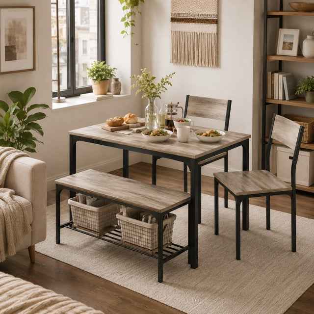 Dining Table Set for Small Spaces | 3 or 4-Piece with Storage Bench, Black & Gray