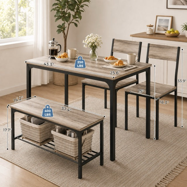 Dining Table Set for Small Spaces | 3 or 4-Piece with Storage Bench, Black & Gray