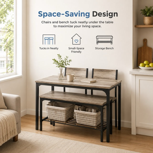 Dining Table Set for Small Spaces | 3 or 4-Piece with Storage Bench, Black & Gray