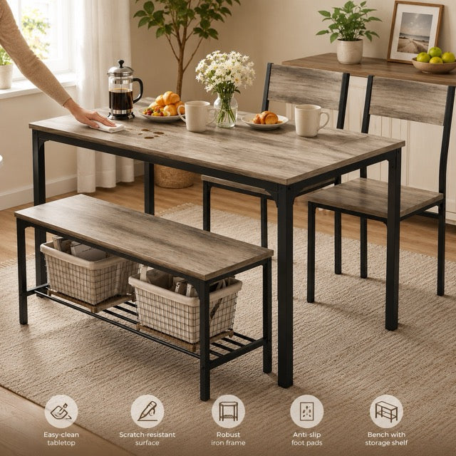 Dining Table Set for Small Spaces | 3 or 4-Piece with Storage Bench, Black & Gray