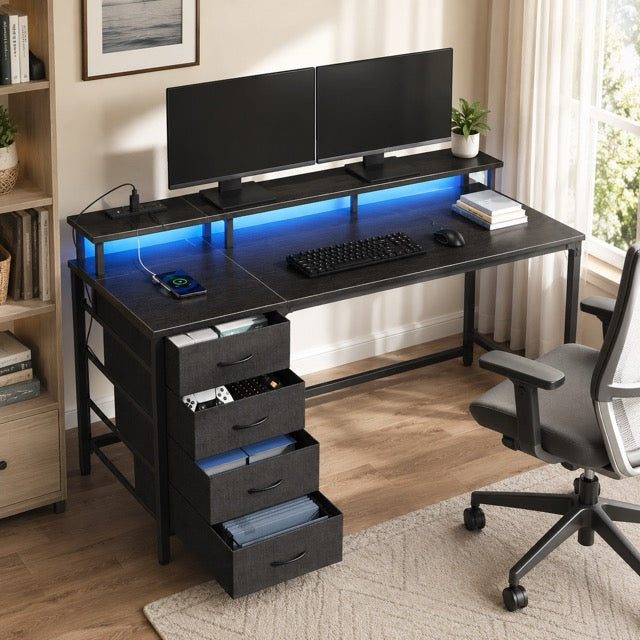 LED Computer Desk with Drawers and Charging