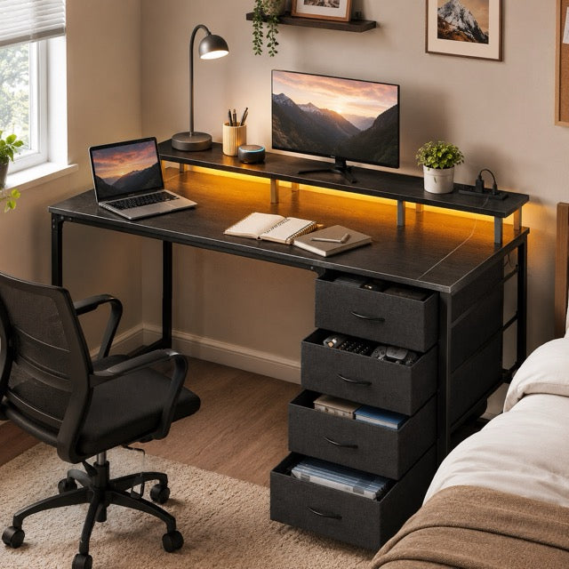 LED Computer Desk with Drawers and Charging