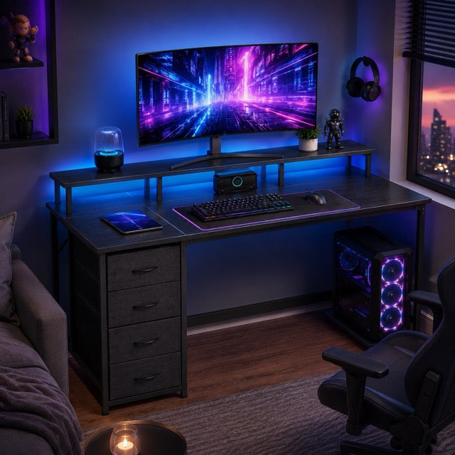 LED Computer Desk with Drawers and Charging