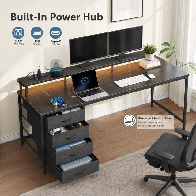 LED Computer Desk with Drawers and Charging