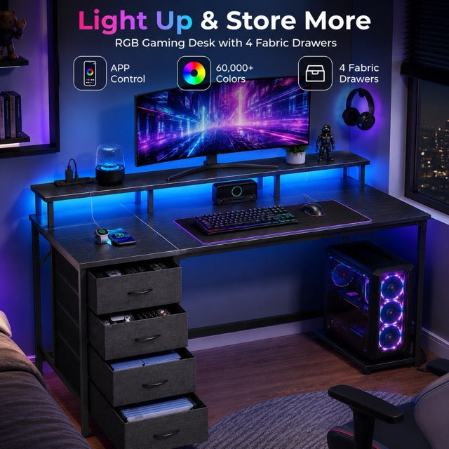 LED Computer Desk with Drawers and Charging