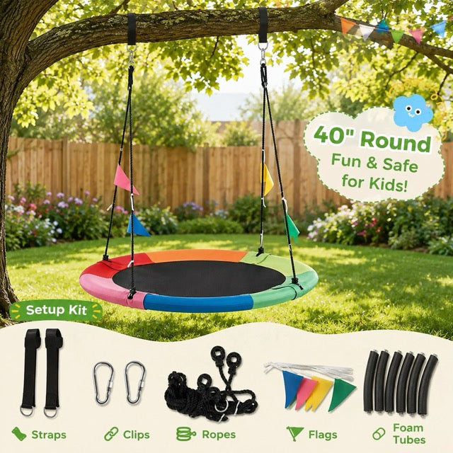 40" Kids Flying Saucer Swing with Detachable Flags – Heavy Duty Outdoor Tree Swing for Kids & Adults (440lbs Capacity, 600D Oxford Fabric)