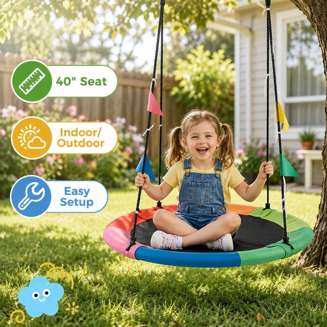 40" Kids Flying Saucer Swing with Detachable Flags – Heavy Duty Outdoor Tree Swing for Kids & Adults (440lbs Capacity, 600D Oxford Fabric)