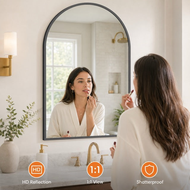 Arched Metal Frame Wall Mirror – Vanity Mirror for Bathroom, Bedroom & Entryway