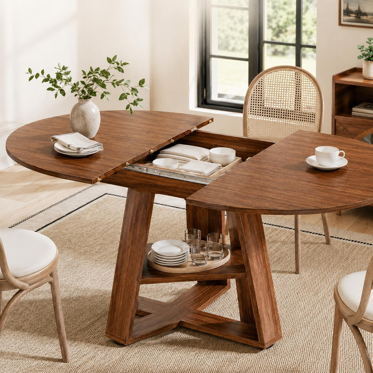 Extendable Oval Dining Table with Storage Shelf, Space-Saving Kitchen Table