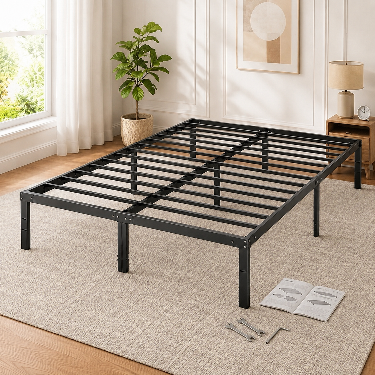 Heavy Duty Metal Bed Frame with Steel Slat Support