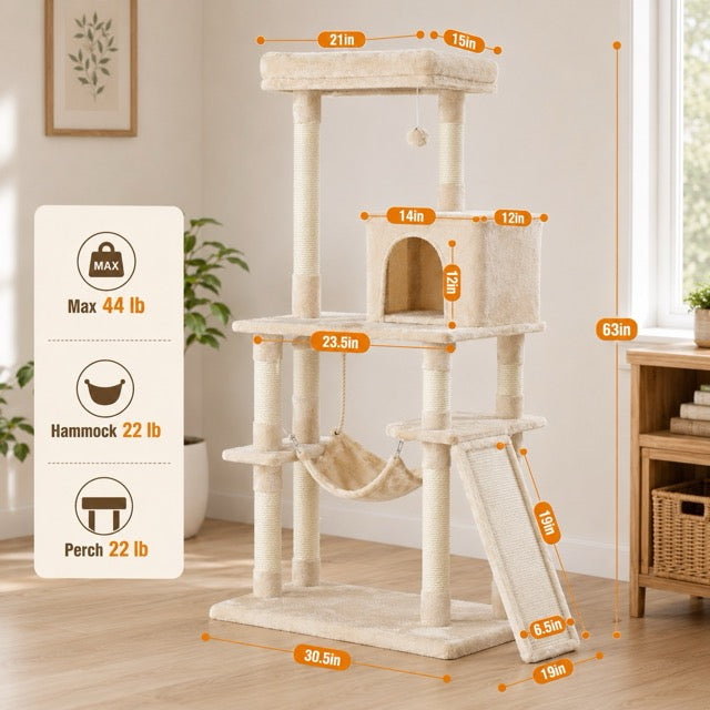 63 Inch Plush Multi-Level Cat Tree Tower