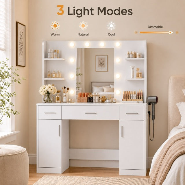 3-Color LED Vanity Mirror with Storage Drawers