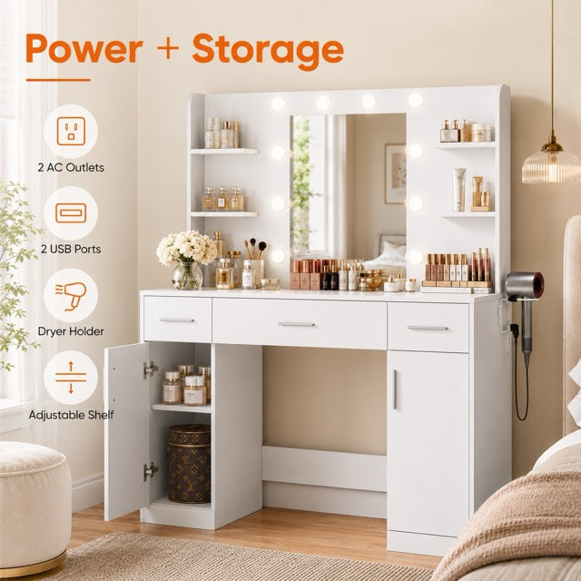 3-Color LED Vanity Mirror with Storage Drawers