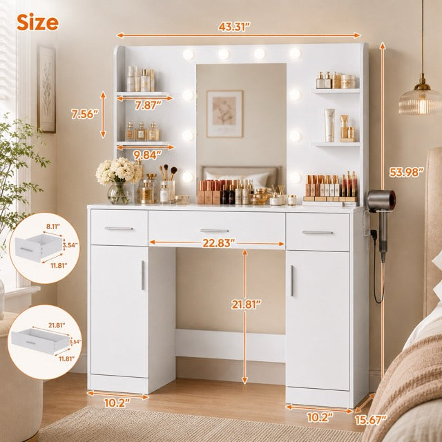 3-Color LED Vanity Mirror with Storage Drawers
