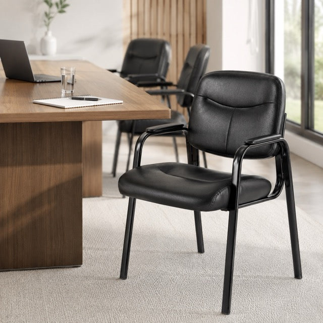 Leather Reception Chair with Padded Arms | PU Office Guest Chair, 250 lbs Capacity