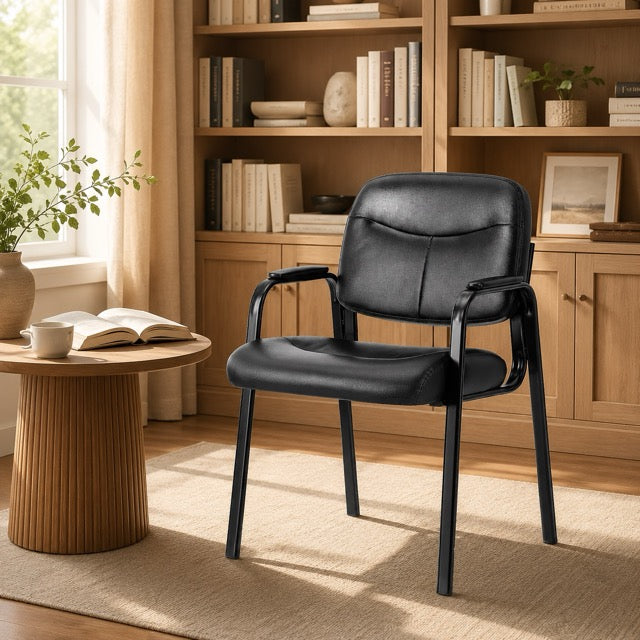 Leather Reception Chair with Padded Arms | PU Office Guest Chair, 250 lbs Capacity