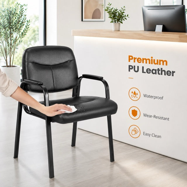 Leather Reception Chair with Padded Arms | PU Office Guest Chair, 250 lbs Capacity
