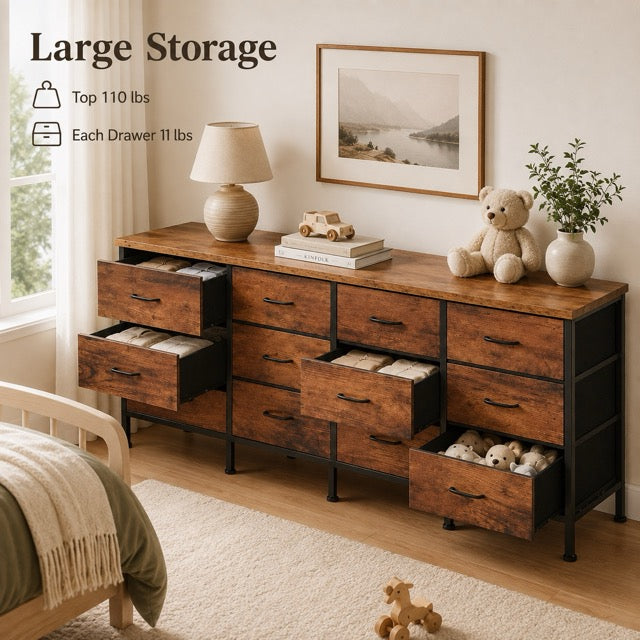 12-Drawer TV Stand & Storage Cabinet with Metal Frame and Adjustable Feet