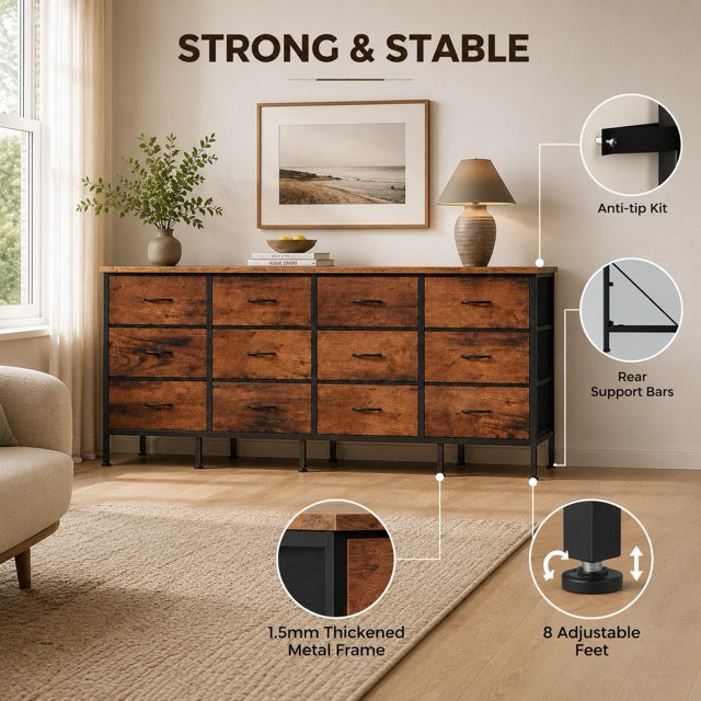 12-Drawer TV Stand & Storage Cabinet with Metal Frame and Adjustable Feet