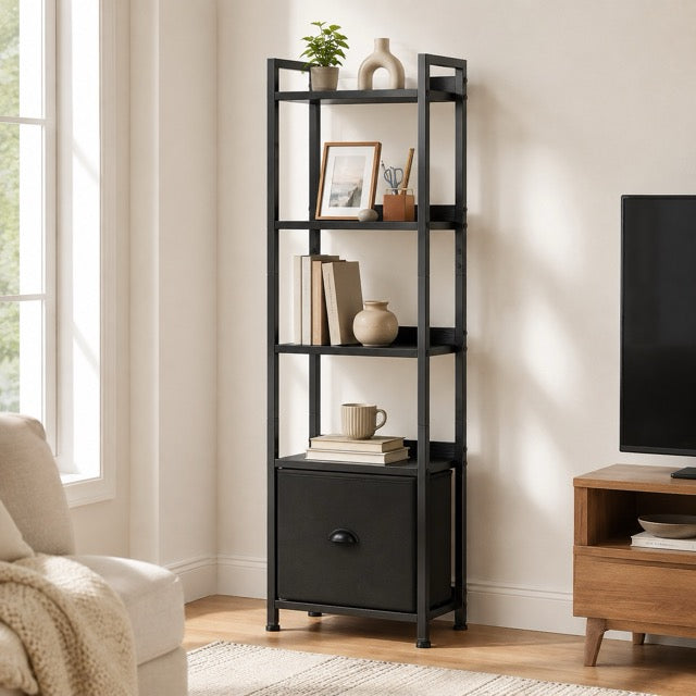 4 & 5-Tier Bookshelf with Fabric Drawer | Wood & Metal Bookcase for Living Room, Study & Office