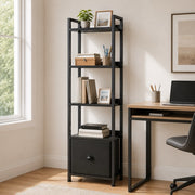 4 & 5-Tier Bookshelf with Fabric Drawer | Wood & Metal Bookcase for Living Room, Study & Office