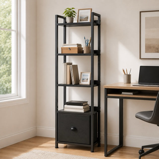 4 & 5-Tier Bookshelf with Fabric Drawer | Wood & Metal Bookcase for Living Room, Study & Office