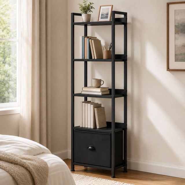 4 & 5-Tier Bookshelf with Fabric Drawer | Wood & Metal Bookcase for Living Room, Study & Office