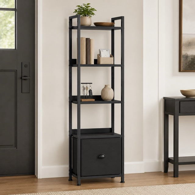 4 & 5-Tier Bookshelf with Fabric Drawer | Wood & Metal Bookcase for Living Room, Study & Office