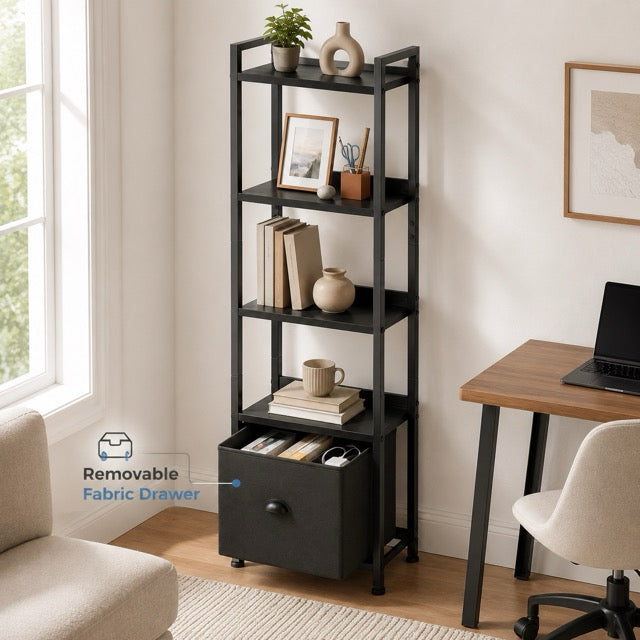 4 & 5-Tier Bookshelf with Fabric Drawer | Wood & Metal Bookcase for Living Room, Study & Office