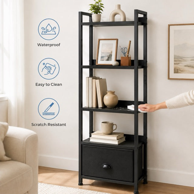 4 & 5-Tier Bookshelf with Fabric Drawer | Wood & Metal Bookcase for Living Room, Study & Office