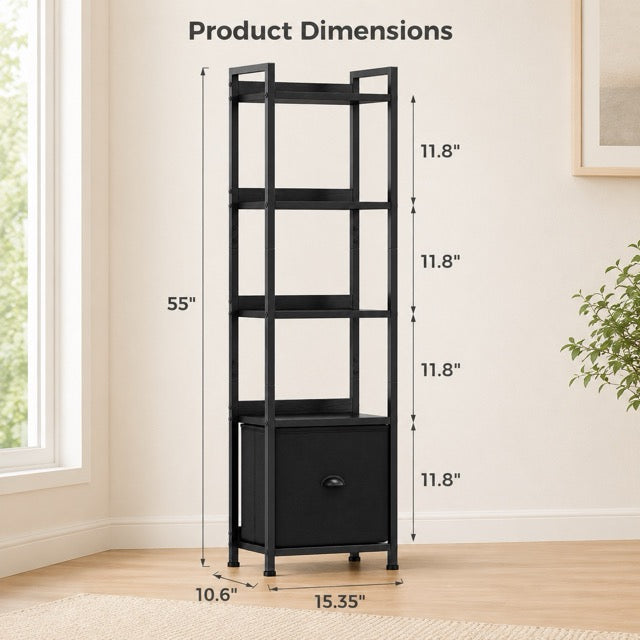4 & 5-Tier Bookshelf with Fabric Drawer | Wood & Metal Bookcase for Living Room, Study & Office