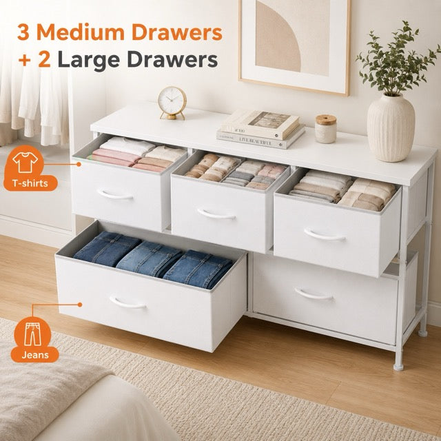 5 Drawer Fabric Dresser with Wood Top for Bedroom