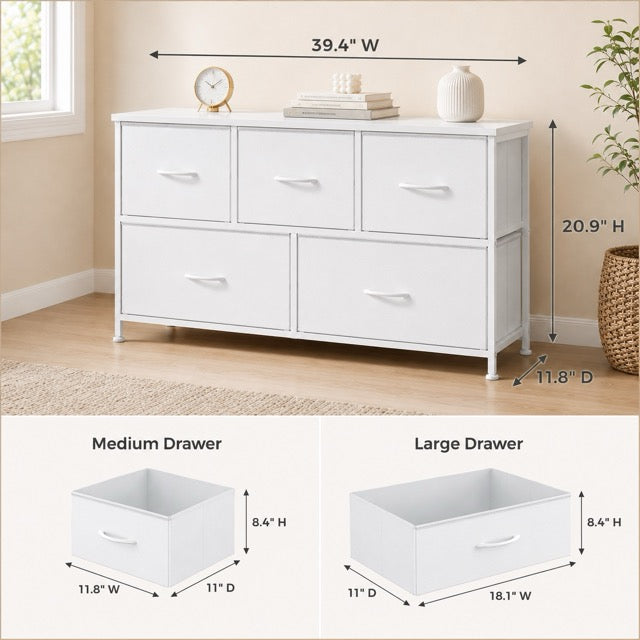 5 Drawer Fabric Dresser with Wood Top for Bedroom