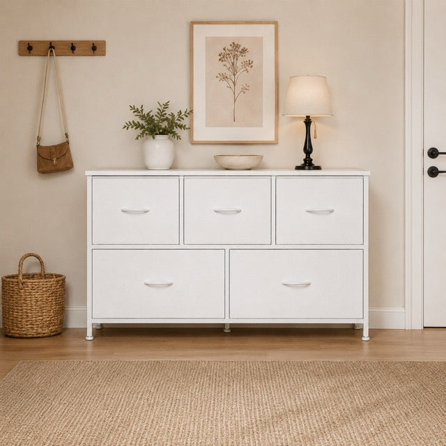 5 Drawer Fabric Dresser with Wood Top for Bedroom