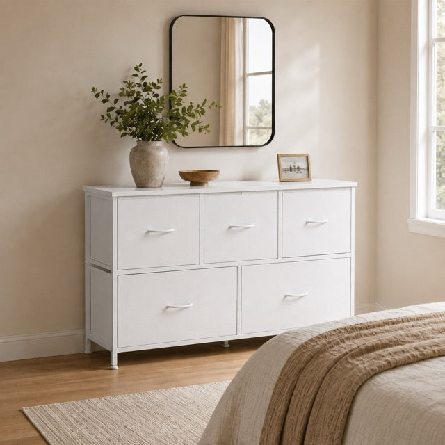 5 Drawer Fabric Dresser with Wood Top for Bedroom