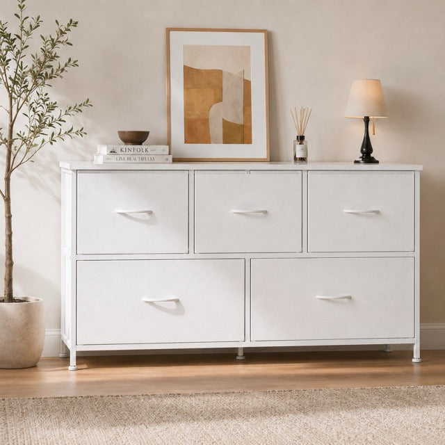 5 Drawer Fabric Dresser with Wood Top for Bedroom