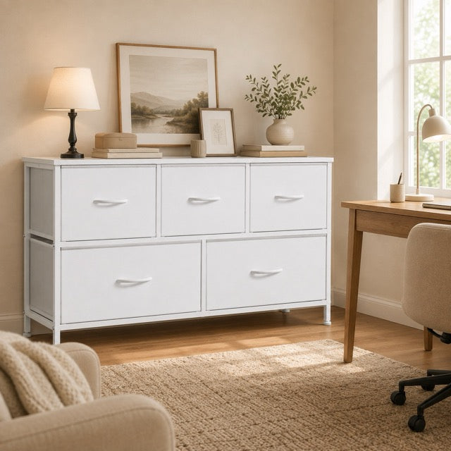 5 Drawer Fabric Dresser with Wood Top for Bedroom
