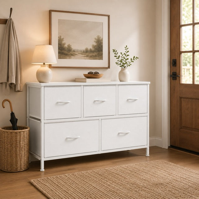 5 Drawer Fabric Dresser with Wood Top for Bedroom