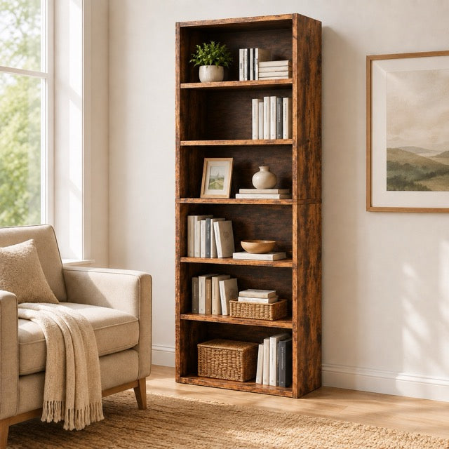 Industrial 5 & 6-Tier Bookcase | 53"/63" Tall Open Bookshelf for Home Office, Living Room & Bedroom