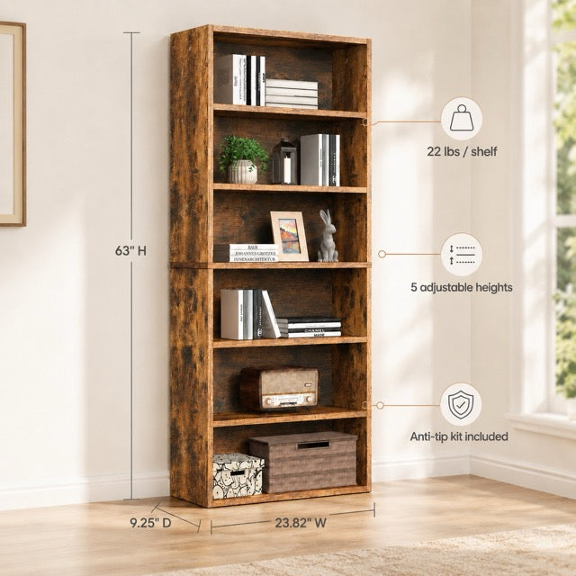 Industrial 5 & 6-Tier Bookcase | 53"/63" Tall Open Bookshelf for Home Office, Living Room & Bedroom