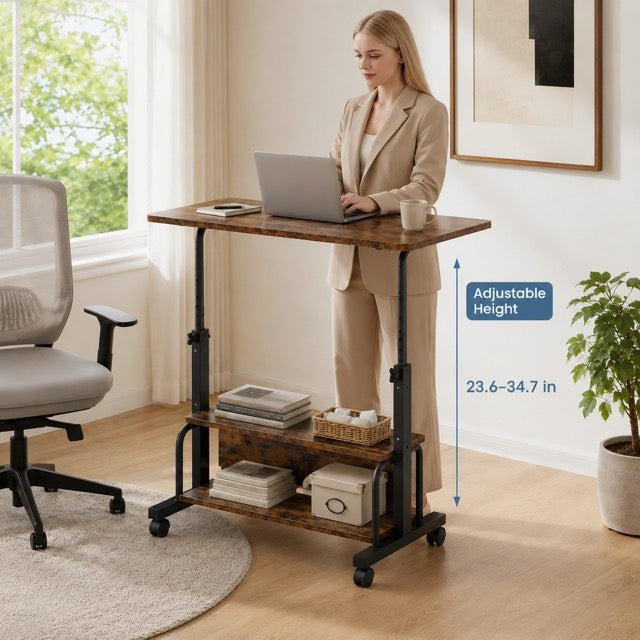 31.5" Adjustable Height Standing Desk with Lockable Wheels & Dual-Layer Storage