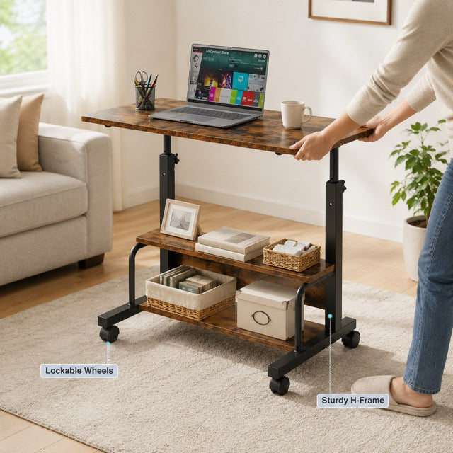 31.5" Adjustable Height Standing Desk with Lockable Wheels & Dual-Layer Storage