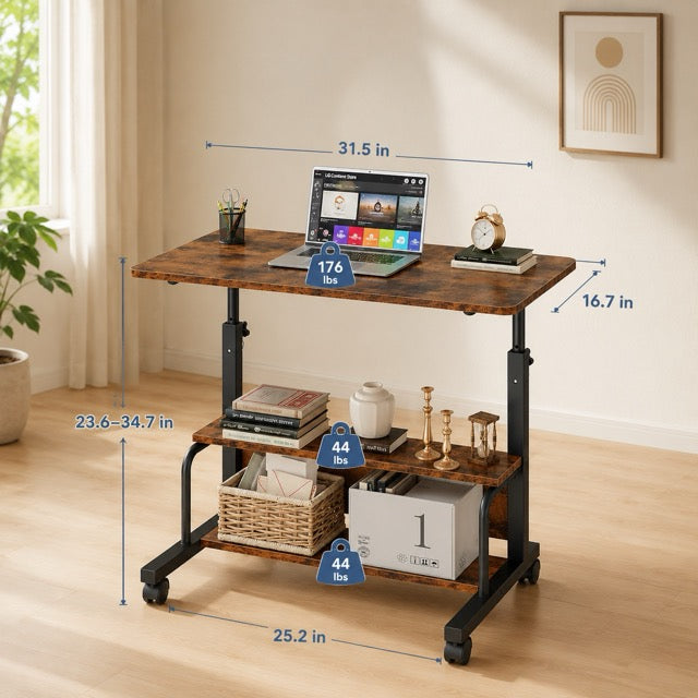 31.5" Adjustable Height Standing Desk with Lockable Wheels & Dual-Layer Storage