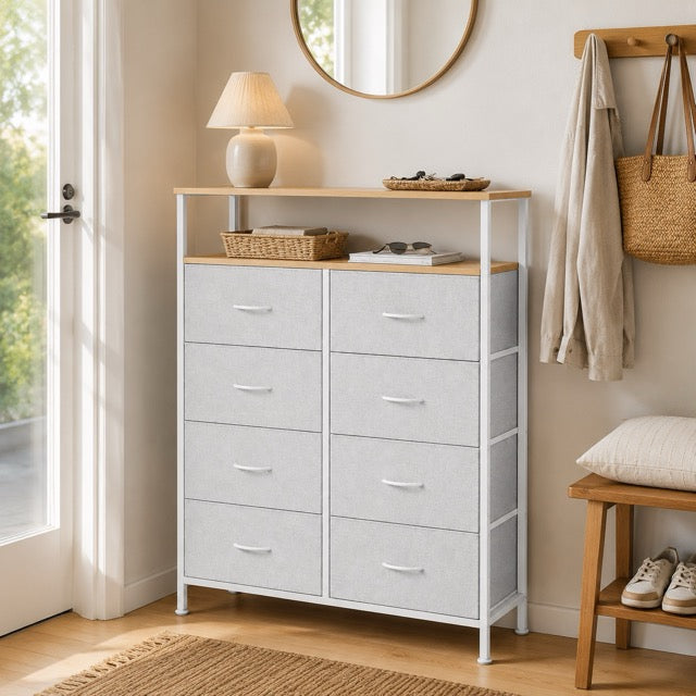 Fabric Dresser with 8 Drawers & Open Shelf – Tall Storage Cabinet for Bedroom & Closet Organization