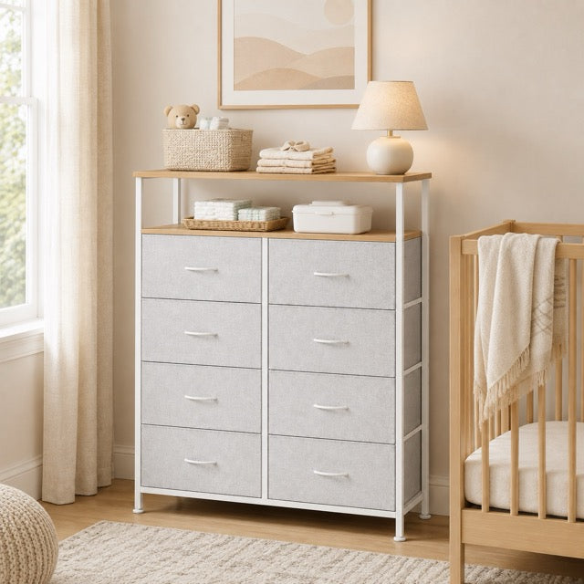Fabric Dresser with 8 Drawers & Open Shelf – Tall Storage Cabinet for Bedroom & Closet Organization
