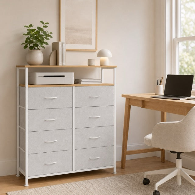 Fabric Dresser with 8 Drawers & Open Shelf – Tall Storage Cabinet for Bedroom & Closet Organization