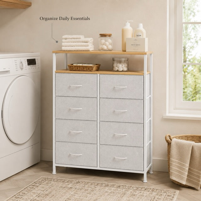 Fabric Dresser with 8 Drawers & Open Shelf – Tall Storage Cabinet for Bedroom & Closet Organization
