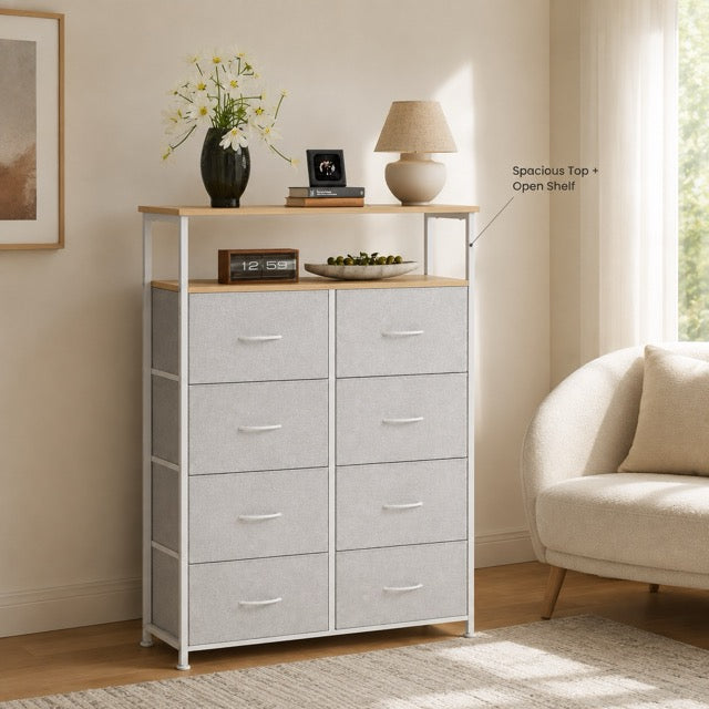Fabric Dresser with 8 Drawers & Open Shelf – Tall Storage Cabinet for Bedroom & Closet Organization